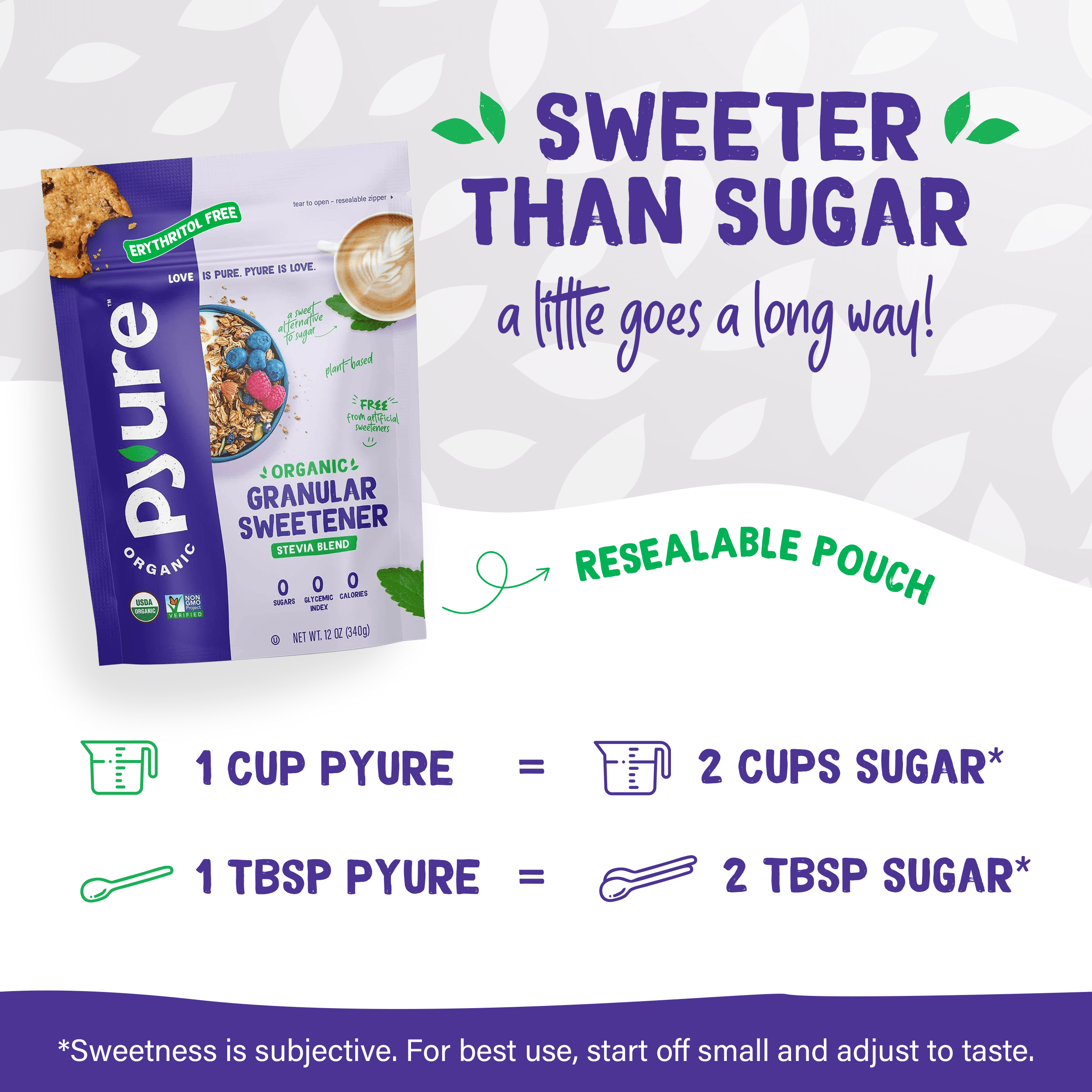 (2 pack) Pyure Organic Stevia Blend | Granulated Sugar Substitute with Zero Calories & Carbs | Keto, Diabetic & Vegan Friendly | Sugary Taste Alternative | USDA Organic, Non-GMO | Good For Baking | 12oz