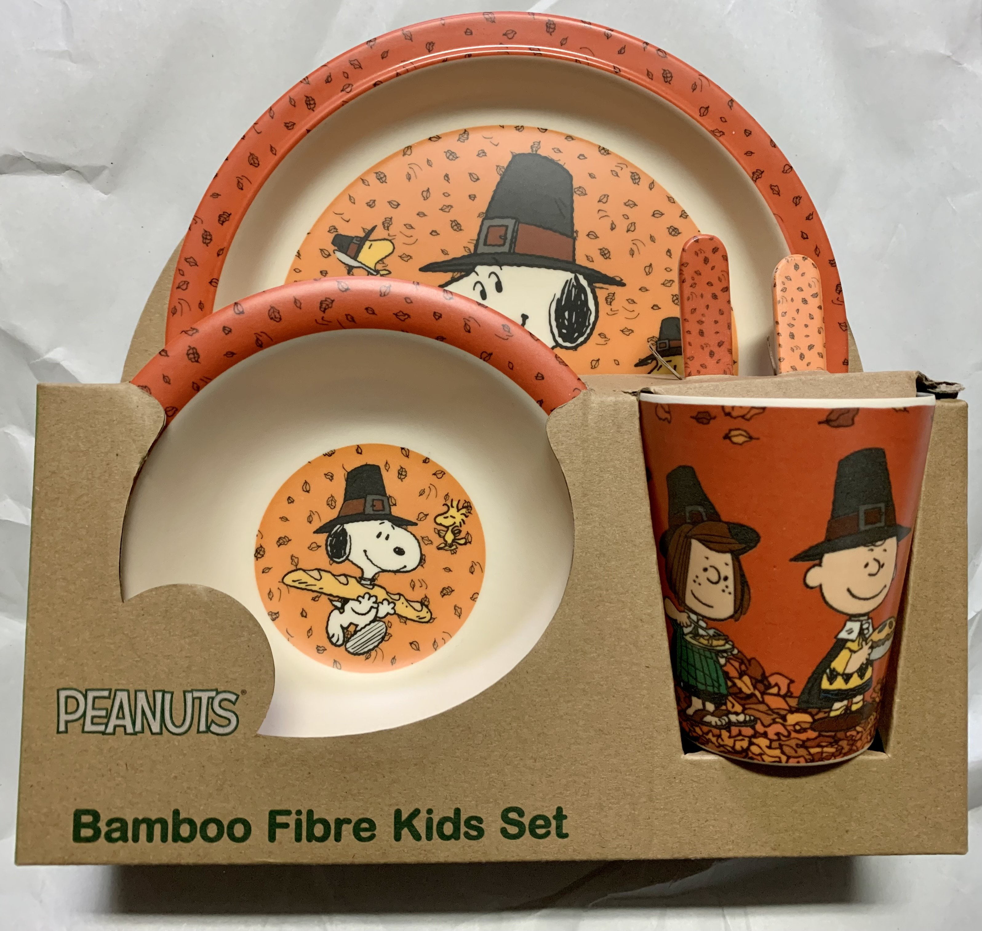 Peanuts Snoopy Charlie Brown Bamboo Dining Set for Kids Plate, Bowl, Cup  and Utensils 5 Piece Dinnerware Set