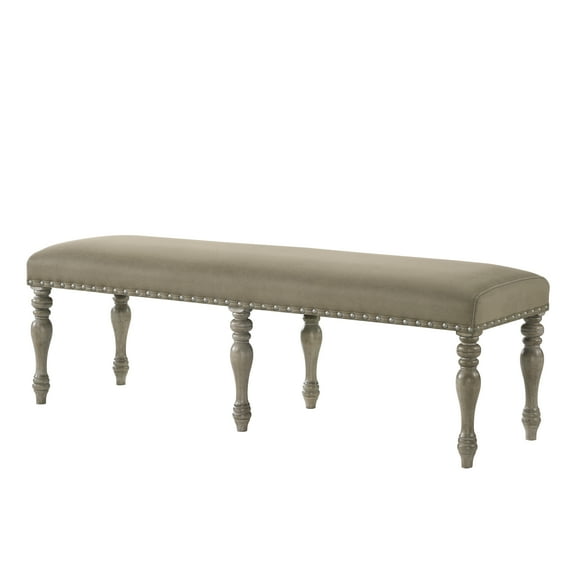 Roundhill Furniture Birmingham Microfiber Upholstered Bench with Nail Head Trim in Driftwood Finish