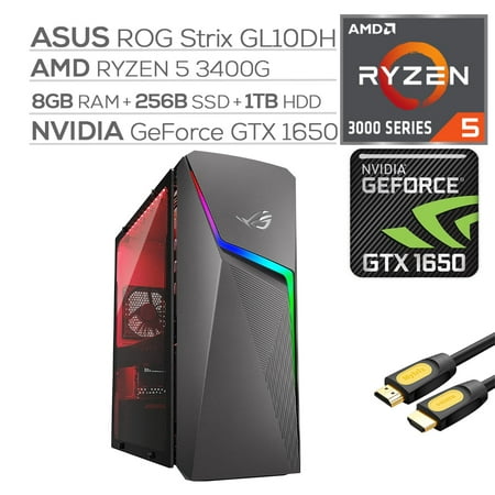 ROG Strix GL10DH Gaming Desktop, AMD Ryzen 5 3400G, GeForce GTX 1650 4GB, 8GB DDR4 RAM, 256GB SSD+1TB HDD, Wi-Fi, RJ-45 Ethernet, HDMI/DP/DVI, Mytrix HDMI Cable, Win10 w/keyboard and mouse
