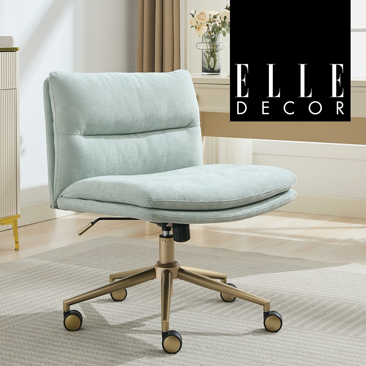 Elle Decor Ariana Criss Cross Armless Ergonomic Fabric Swivel Computer and Desk Chair Mint Blue
