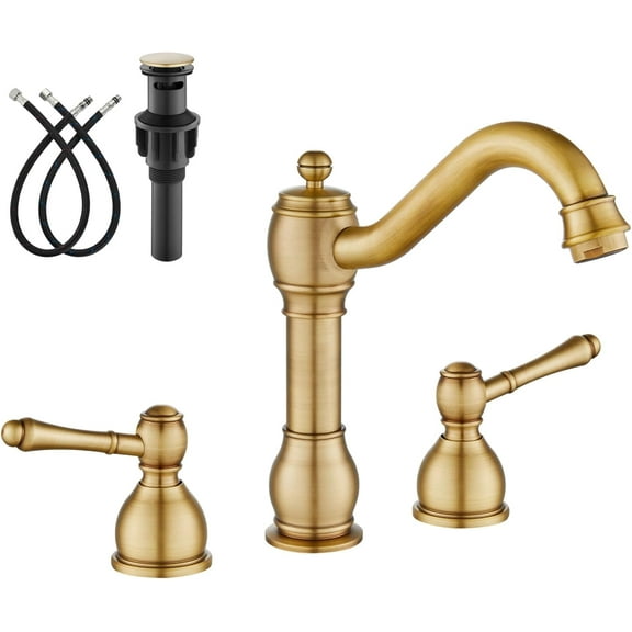 8 Inch Widespread Bathroom Faucets for Sink 3 Hole 2 Lever Handle Deck Mount with Pop Up Drain Hot and Cold Water Supply Lines Antique Brass