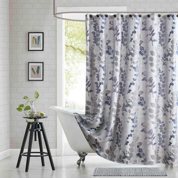 Fabric Shower Curtain, Gray and Blue Botanical Branch Leaf Print, Waterproof Bathroom Curtain, 72" W x 72" H