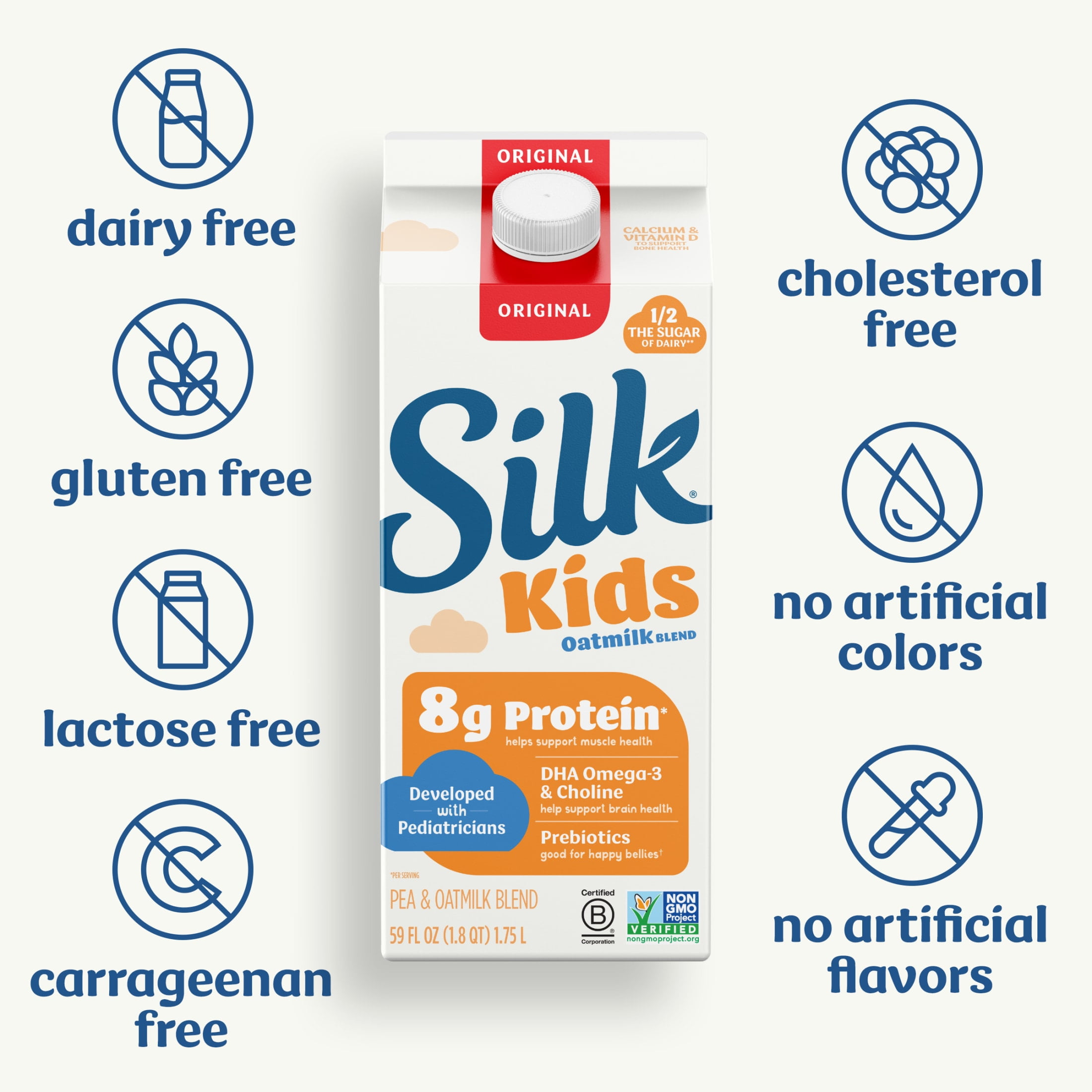 Silk Dairy Free Kids Original Oat Milk Blend, Gluten Free, Vegan, 59 FL OZ Carton