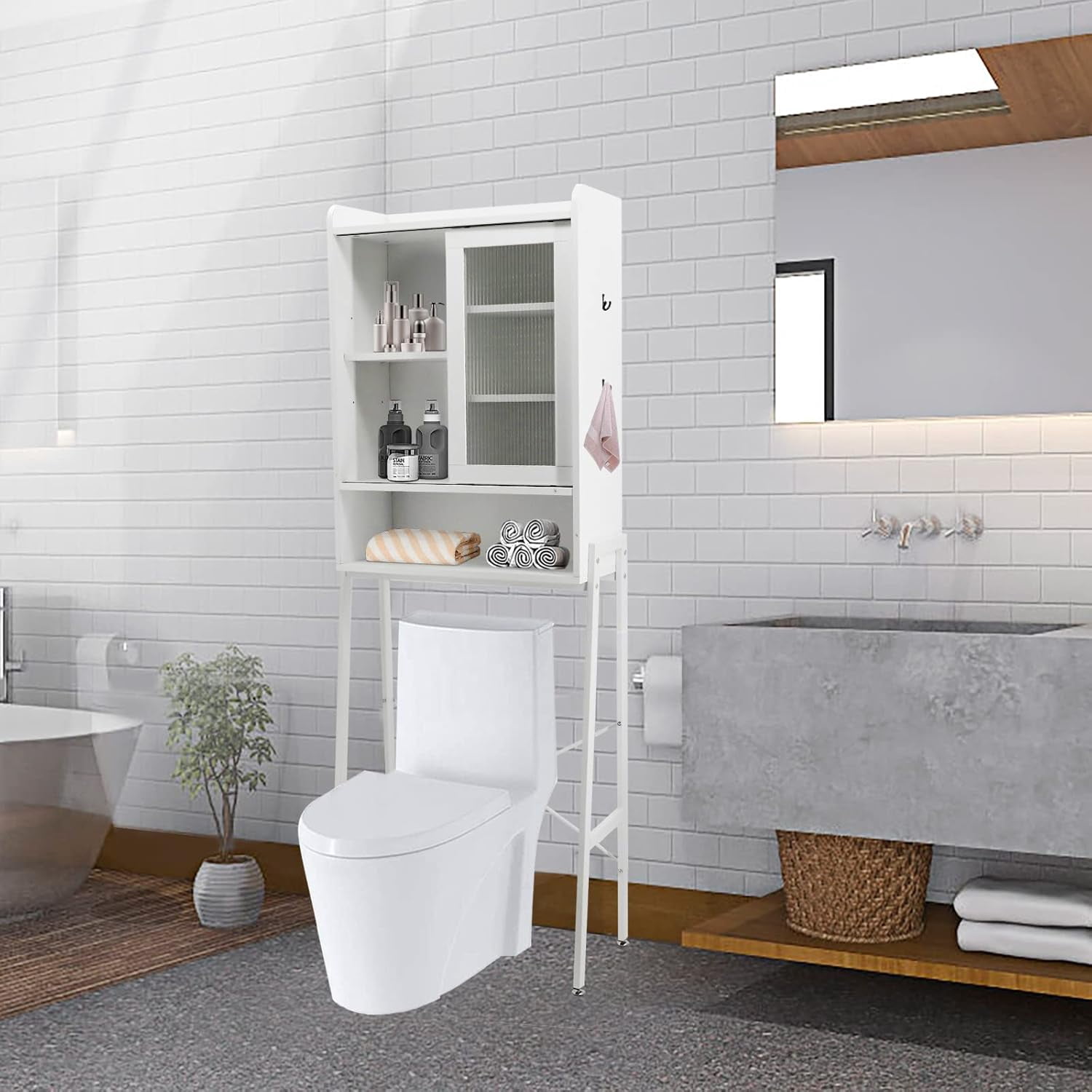 Reliancer Over The Toilet Storage Cabinet with Adjustable Shelves, Bathroom Space Saver Organizer Shelves, Freestanding Space Saver with Acrylic Sliding Door, Metal Frame, White
