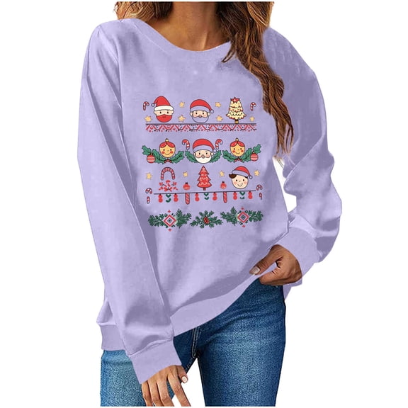 Lopecy-Sta Women's Christmas Print Crew Neck Sweatshirt, Loose Casual Japanese Sweatshirt Long Sleeve Top, Festive Holiday Pullover Purple 2XL