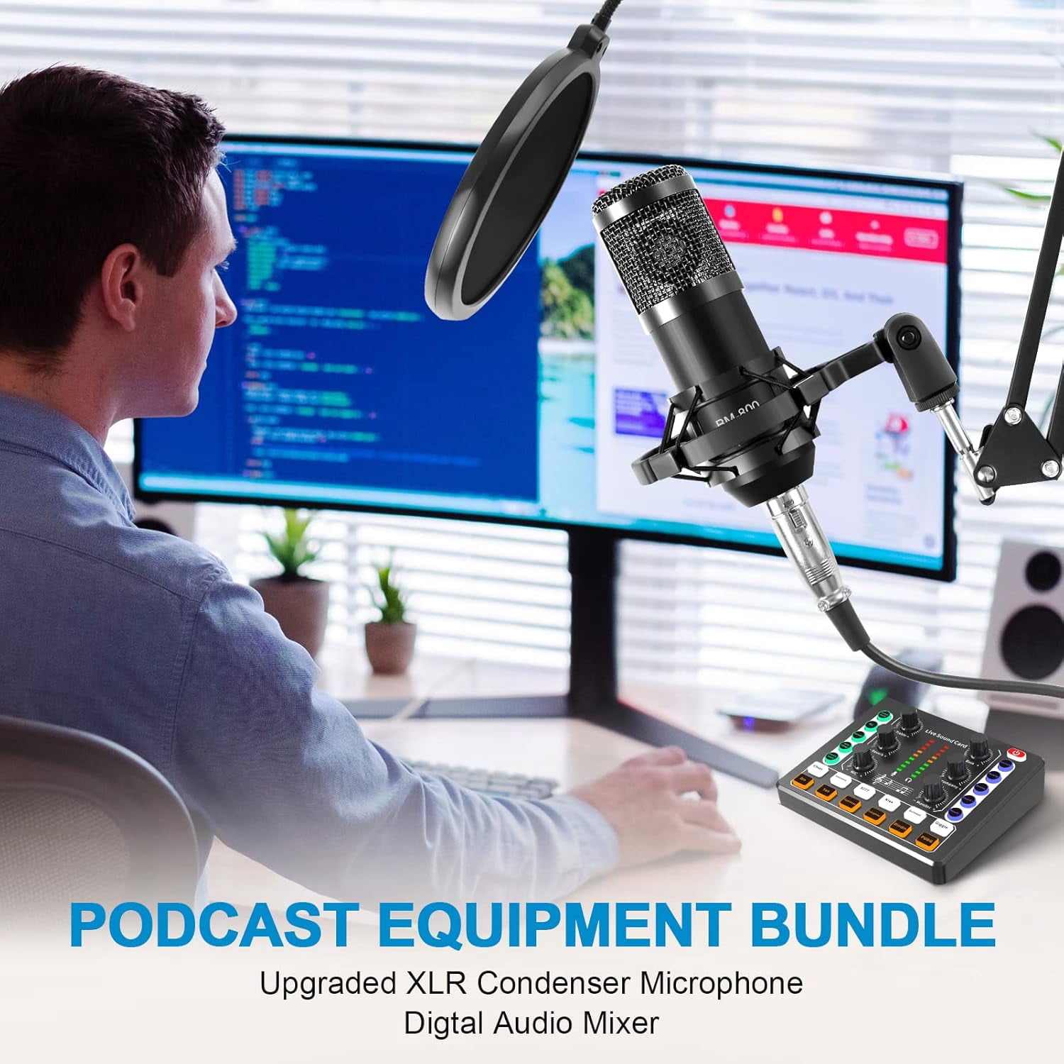Podcast Equipment Bundle,Live Sound Card Kit,Audio Mixer with BM-800 Condenser Microphone,XLR Microphone Interface,Podcast Microphone Bundle for Laptop,Computer,Vlog,Living Broadcast,Live Streaming