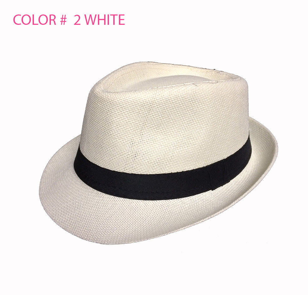 Summer Straw Fedora Hat Trilby Cuban Sun Stripe Cap Panama Short Brim Floral Hat