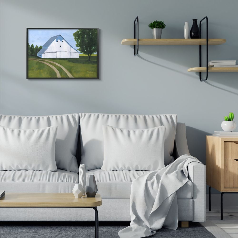 Stupell Industries Farmland Fields And Barn Green White Landscape Painting Framed Wall Art by Grace Popp