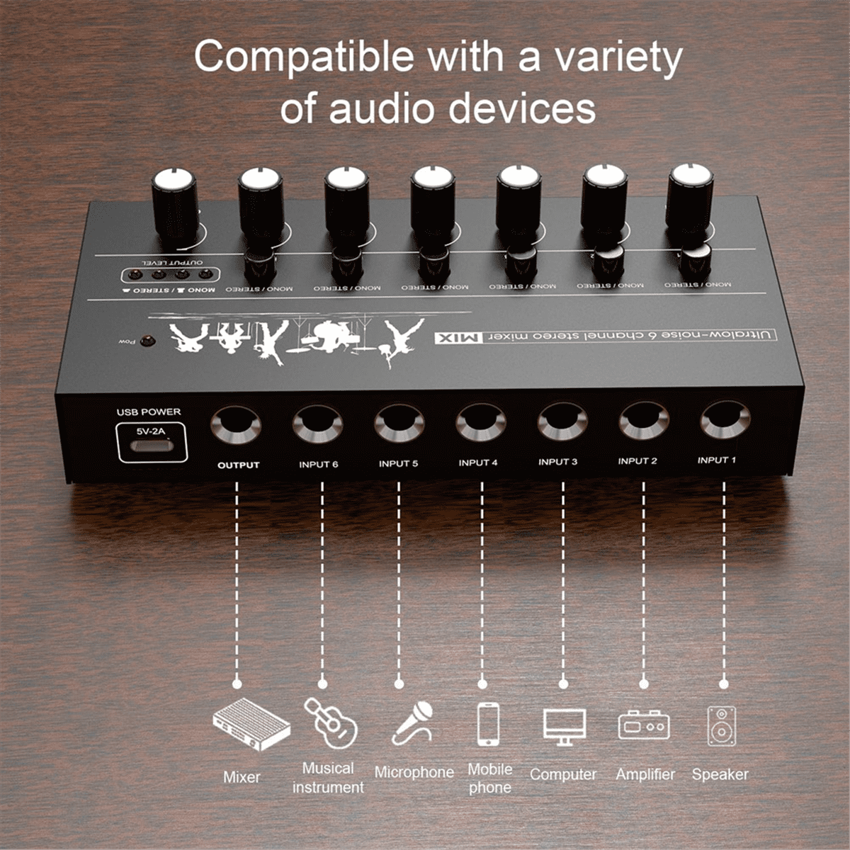 Mini Stereo Audio Mixer 6 Channel Microphone Mixer Instrument Expander for Guitar/Electric Keyboard/Amplifier/Speaker,Black