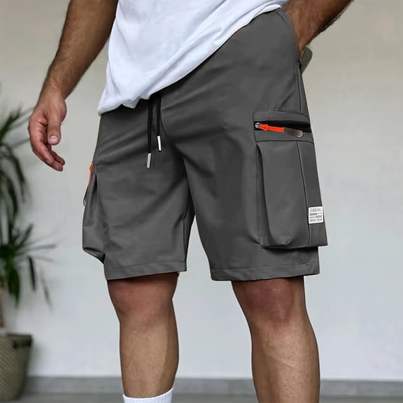 PNTUTB Men's Summer Casual Solid Color Athletic Fitness Drawstring Waistband Zipper Multi-Pocket Workwear Shorts