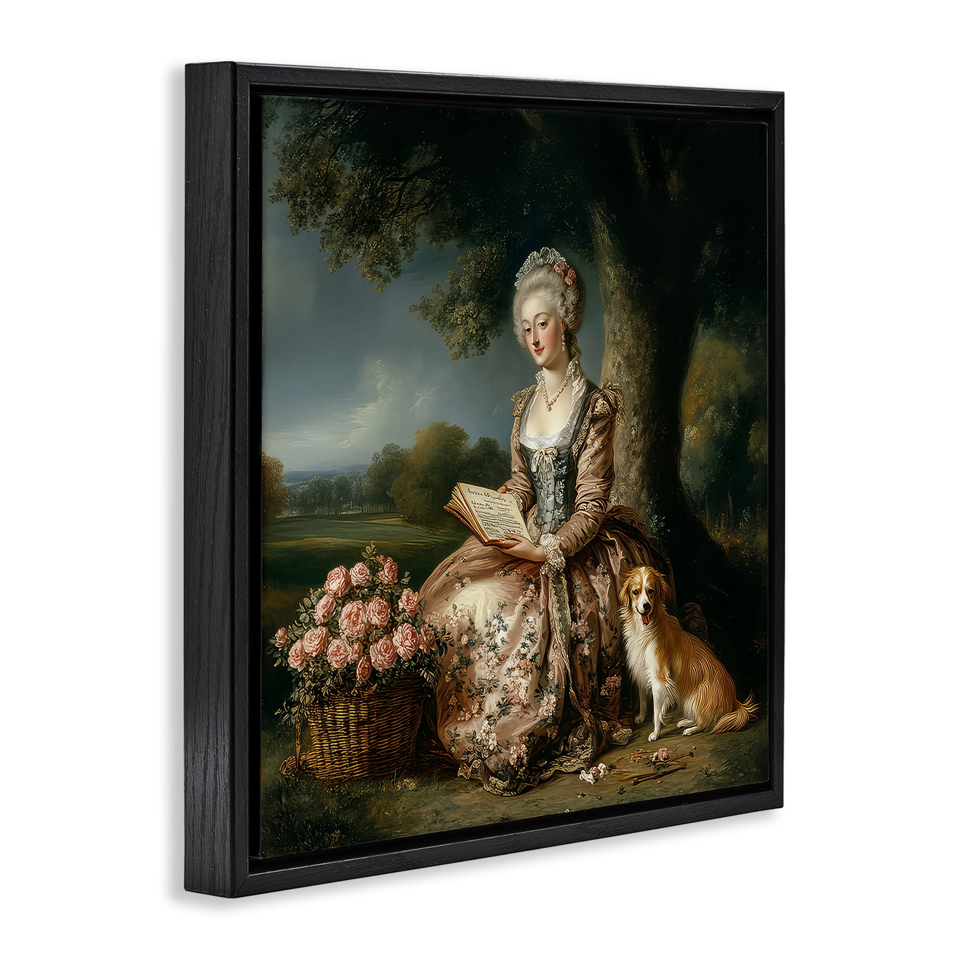 Stupell Industries Rococo Woman with Dog Black Framed Floater Canvas Wall Art, design by The Wands Want