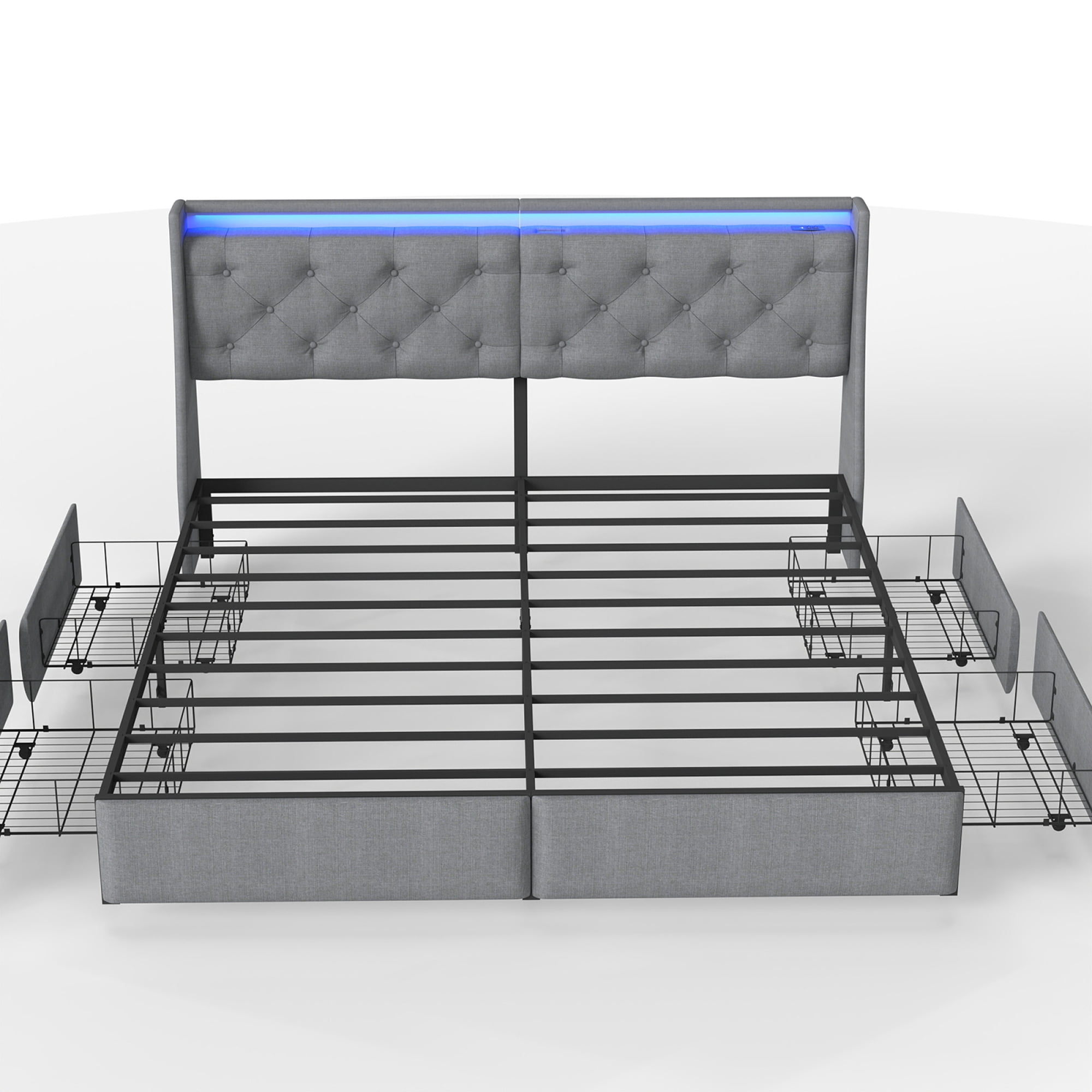 HOQBN King Size Bed Frame with Storage Headboard and 4 Drawers, Metal Bed Frame Platform with LED Light, Charging Station, No Box Spring Needed