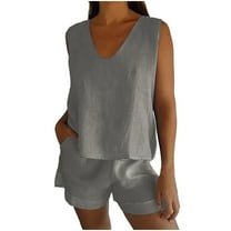 CHGBMOK Womens Two-piece Set Sleeveless Tank Top & Pocket Short Pants Solid Color Summer Outfits (Gray,XL)