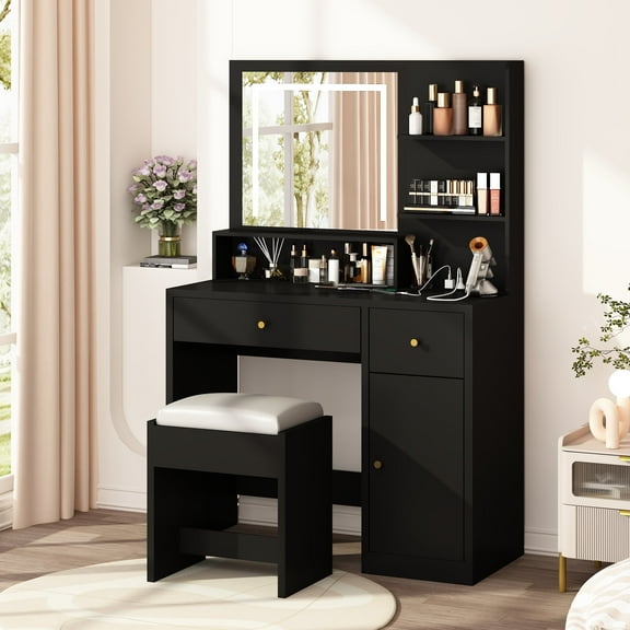 ChVans Black Vanity Desk with Lighted Mirror & Charging Station, Vanity Table Set w/3 Storage Shelves,2 Drawers,Storage Cabinet & Makeup Vanity Cushioned Stool(Black-37")