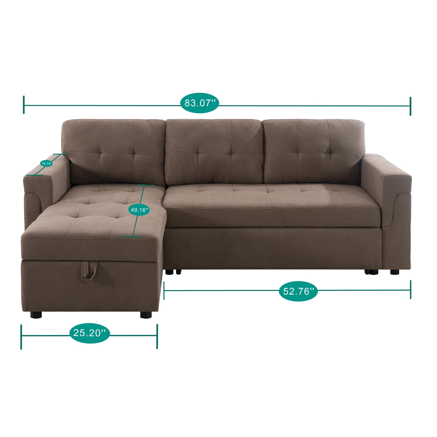 Naomi Home Sectional Sofa Sleeper with Storage Chaise, Tufted Pull-Out Couch with Storage, Sectional Sofa Bed, L-Shaped Reversible Sleeper Sofa with Storage, Mocha, Velvet