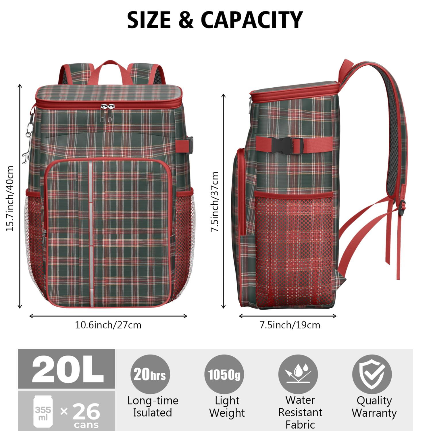 Travel Cooler Bag - Green and Red Christmas Plaid Pattern Camping Beer Cooler Backpack with Bottle Opener- Waterproof Insulated Picnic Backpacks - Cooler Bag for Beach