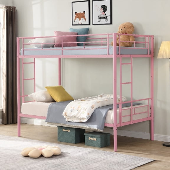 Modern Metal Bunk Bed Pink Twin Over Twin | Save Space & Sturdy|Easy Assembly