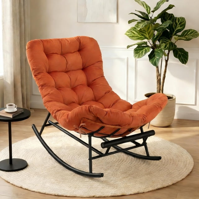 Papasan Rocking Chair with Foot Rest, Papasan Chair with Thick Removable Cushion and Metal Frame, Lounge Chairs and PE Rattan Rocker for Patio, Garden, Lawn, Living Room
