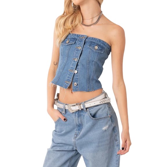 Merqwadd Women's Denim Tube Tops featuring Strapless Button Down Design