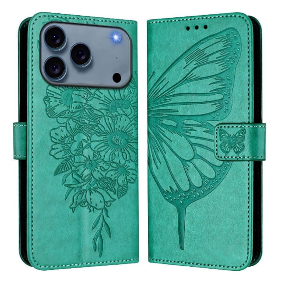 Étui Portefeuille Butterfly pour iPhone 17 Pro avec Fentes pour Cartes et Support - Antichoc Vert