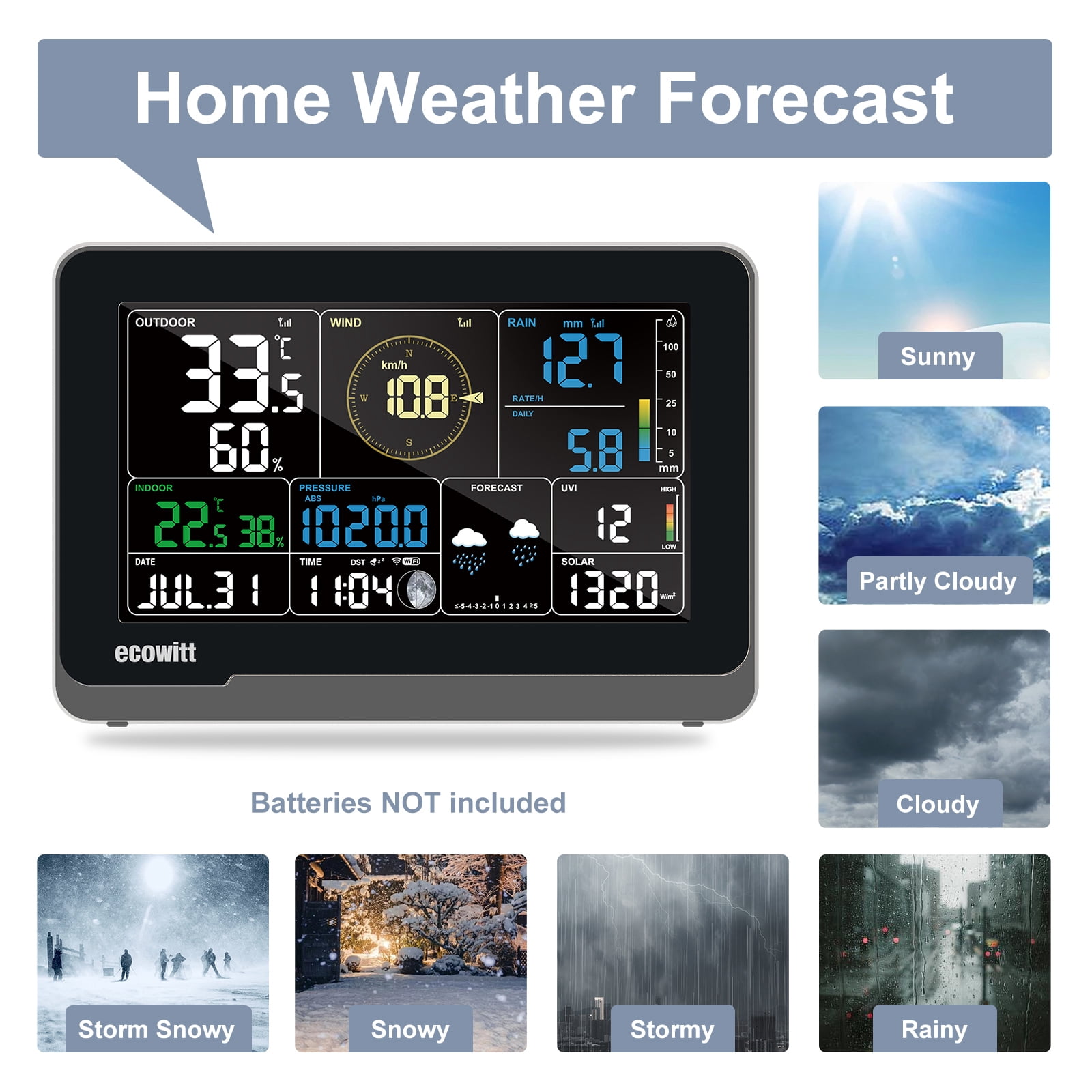 Ecowitt WS3900 Weather Station with 7-in-1 Outdoor Sensor and 7.5-Inch LCD Display