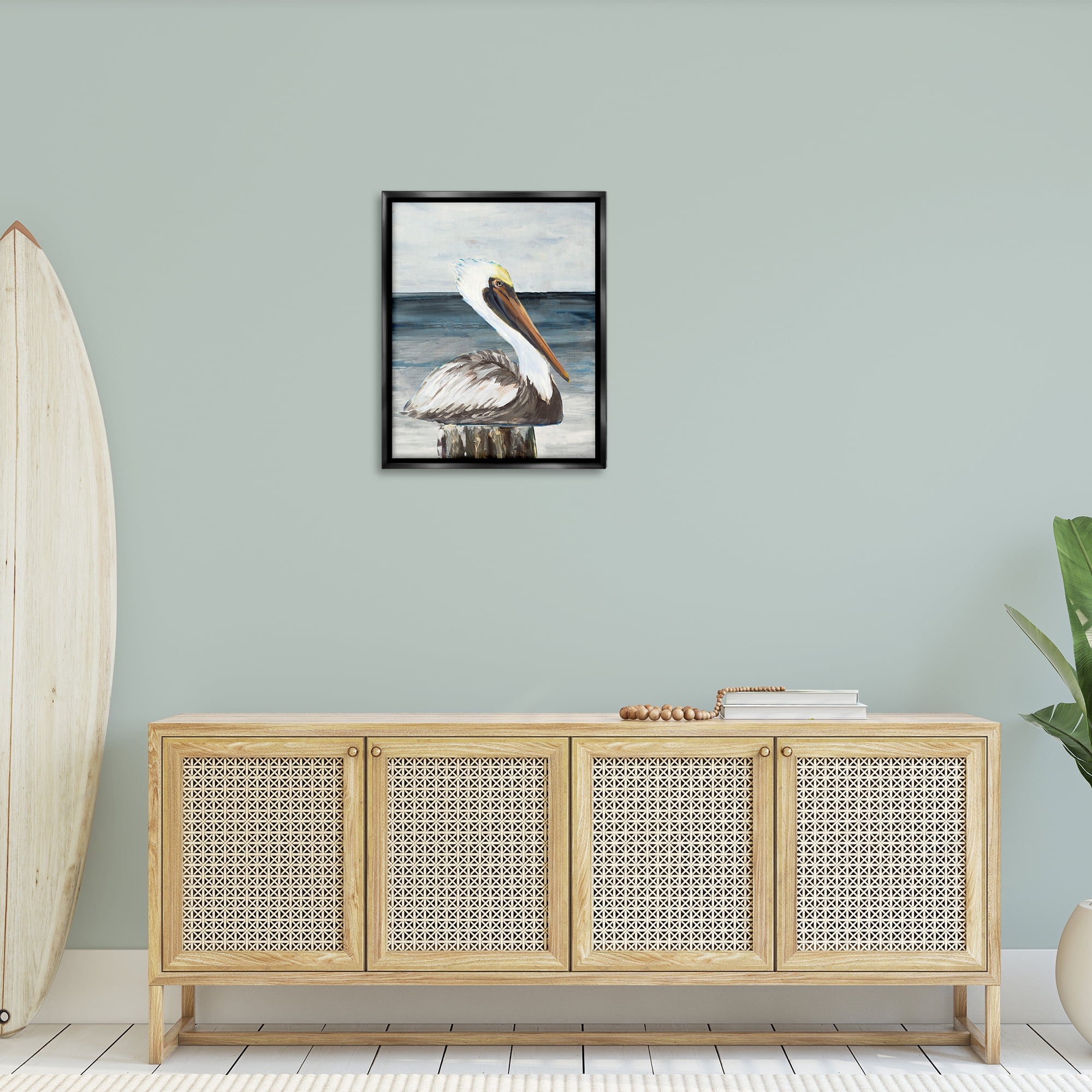 Stupell Industries Resting Beach Pelican Animals & Insects Painting Black Floater Framed Canvas Art Print Wall Art, 25 x 31