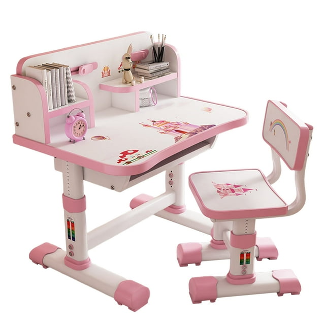 Hicess Kids Functional Desk and Chair Set, Height Adjustable Children School Study Table Chair Set with Cartoon Pattern, Ergonomic Desk Chair with Large Writing Board, Bookshelf and Book Bucket