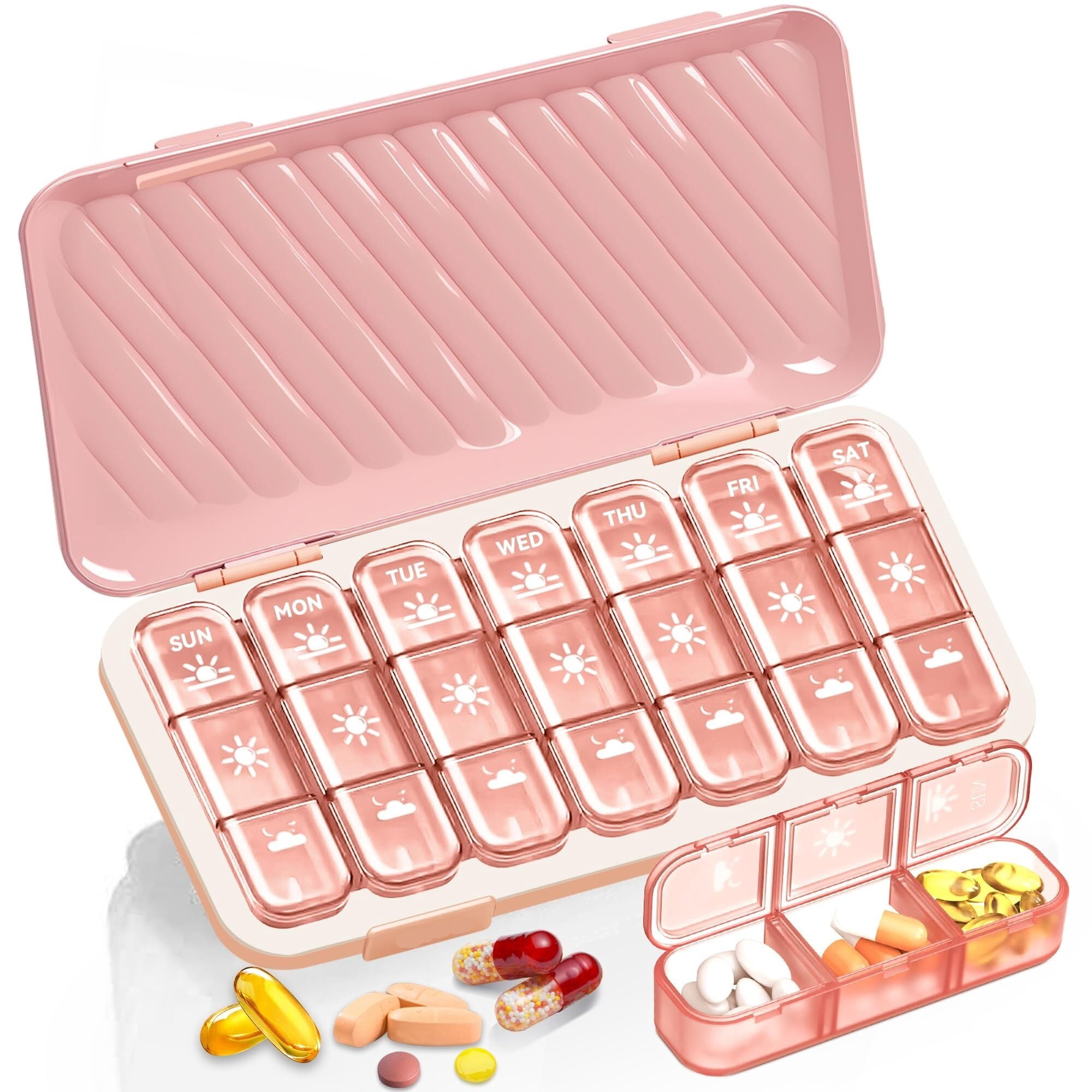 WANGQI Pill Organizer 3 Times A Day, 7 Day Pill Box Weekly Pill Organizer, Portable Removable Daily Medicine Container Dispenser Case for Vitamin Fish Oil Supplement