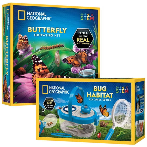 Kit de cultivo de mariposas y atrapa insectos de National Geographic: kit de hábitat de mariposas con vale para 5 orugas (envío y envío no incluidos) y hábitat de insectos con visores ampliados, atrap