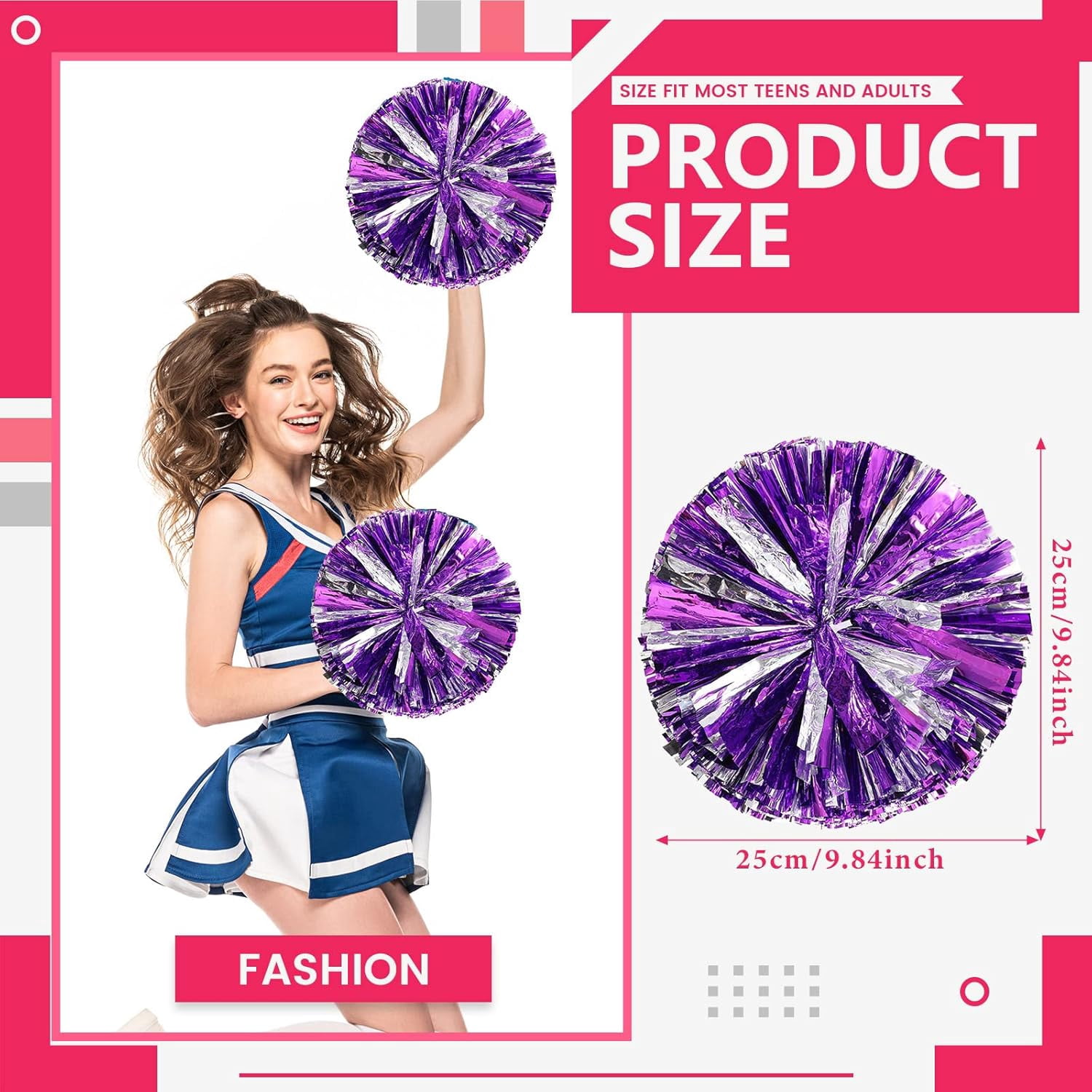 Cheer pom pom, 8 PCS Cheerleading Pom Poms, Premium Metallic Pom Poms Set Cheering Hand Flowers Handle Dance Pom Poms Cheering Squad Pompoms for Football Basketball Cheers
