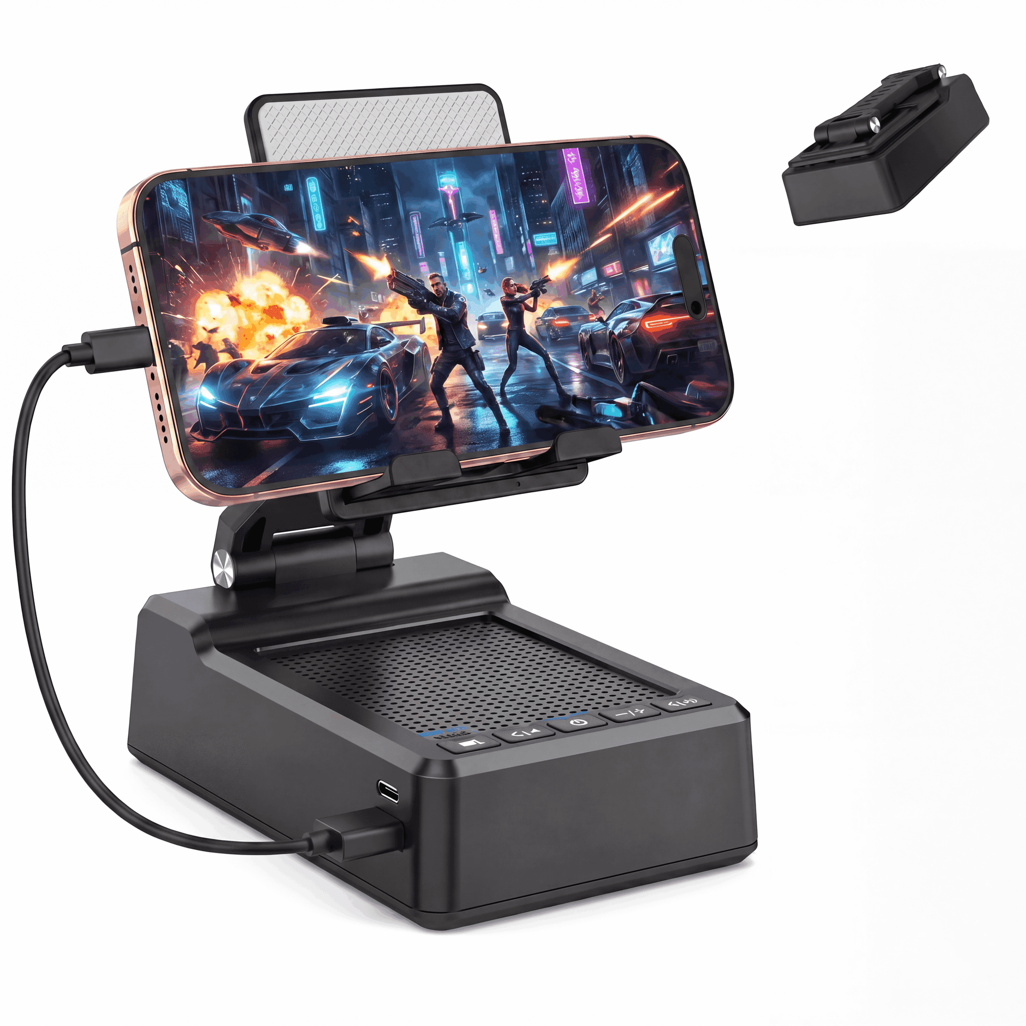 Bluetooth Speaker Phone Stand with Power Bank – Foldable Hands-Free Holder for iPhone, Android, Tablets, Gaming & Video Streaming