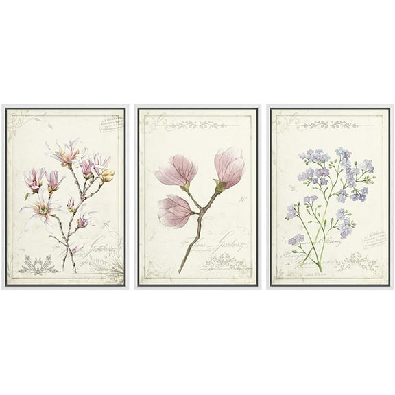wall26 Framed Canvas Print Wall Art Set Victorian Style Pink & Purple Flowers Nature Floral Illustrations Realism Rustic Scenic Colorful Wilderness for Living Room, Bedroom, Office - 24"x36&