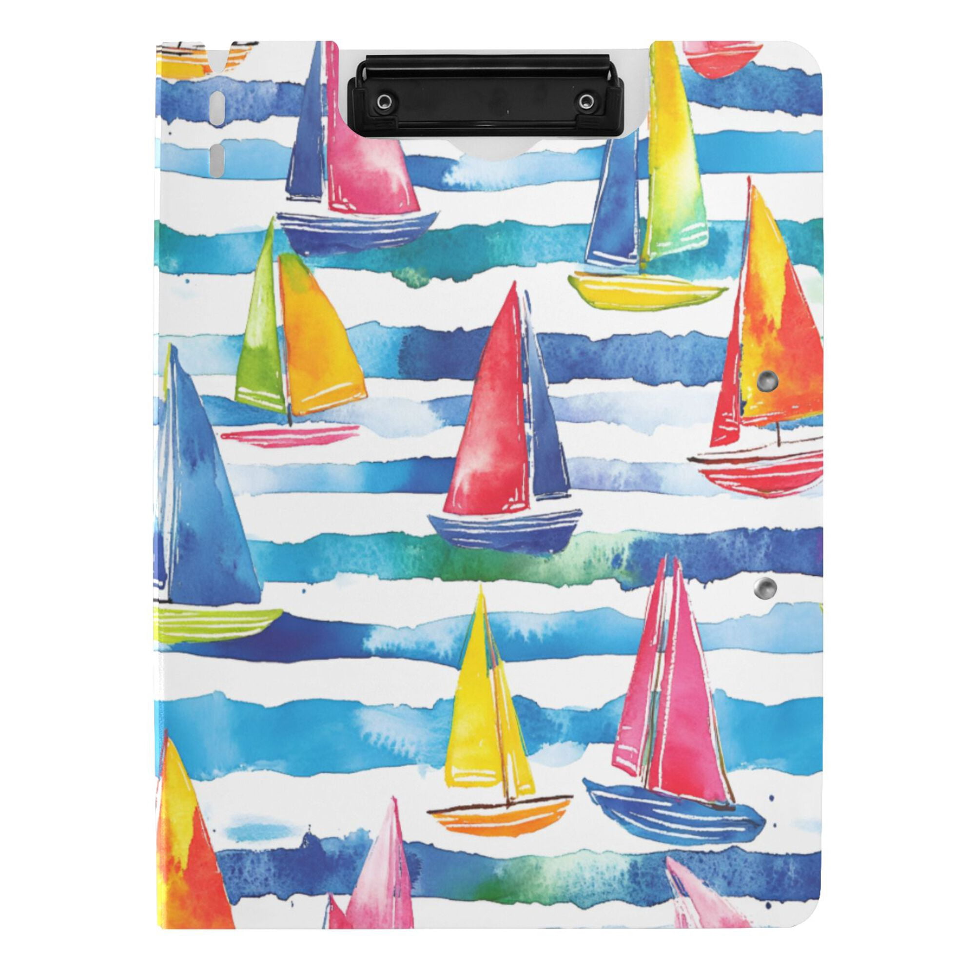 FORMRS A4 Clipboard Folder with Pen Holder Horizontal Foldable School Office Binder, Yellow Hand Drawn Sailboats