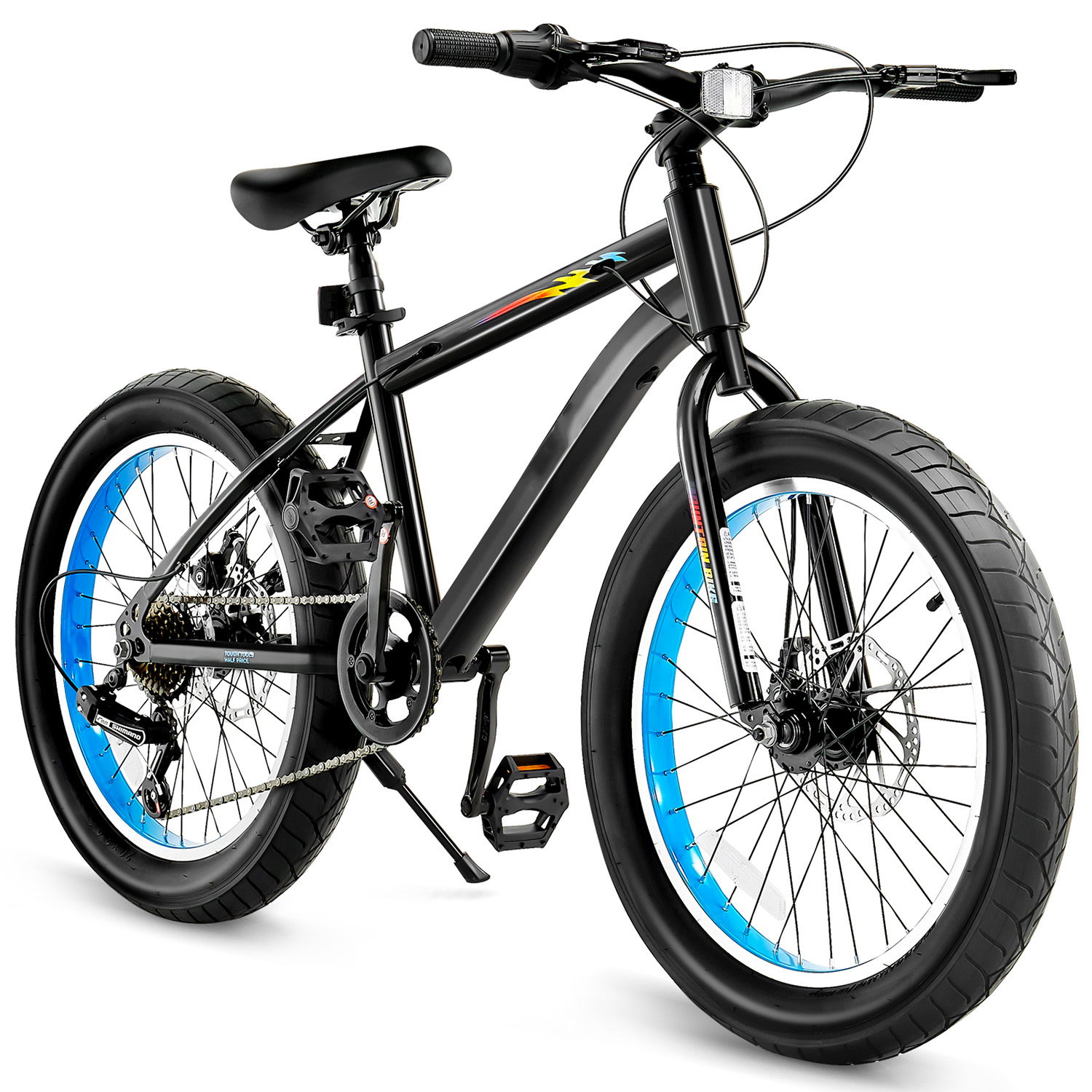 KFFKFF 20-Inch Mountain Bike, 7-Speed Twist Shifting, Comfortable Saddle, Dual Disc Brakes, Durable Steel Frame, Fat Tire Bicycle for Trail and Snow