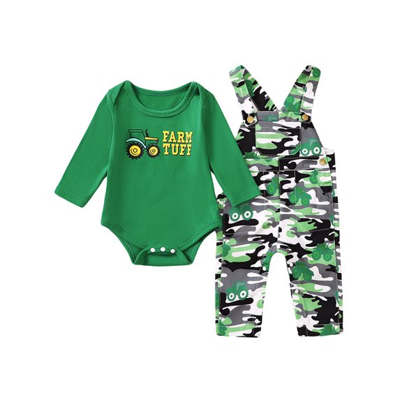 Baby Toddler Boy Girl Fall Outfit, 0 3 6 12 18 Months Tractor Letter Long Sleeve Romper Camouflage Overall Pants Farm Clothes 2 Piece Set