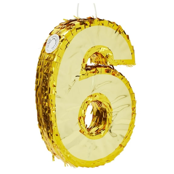 Juvale Gold Foil Number 6 Pinata - Shimmering Gold Centerpiece & Pinatas for Birthday Party - For 6th Birthday Decorations for Boys - 15.5x10.5x3 in