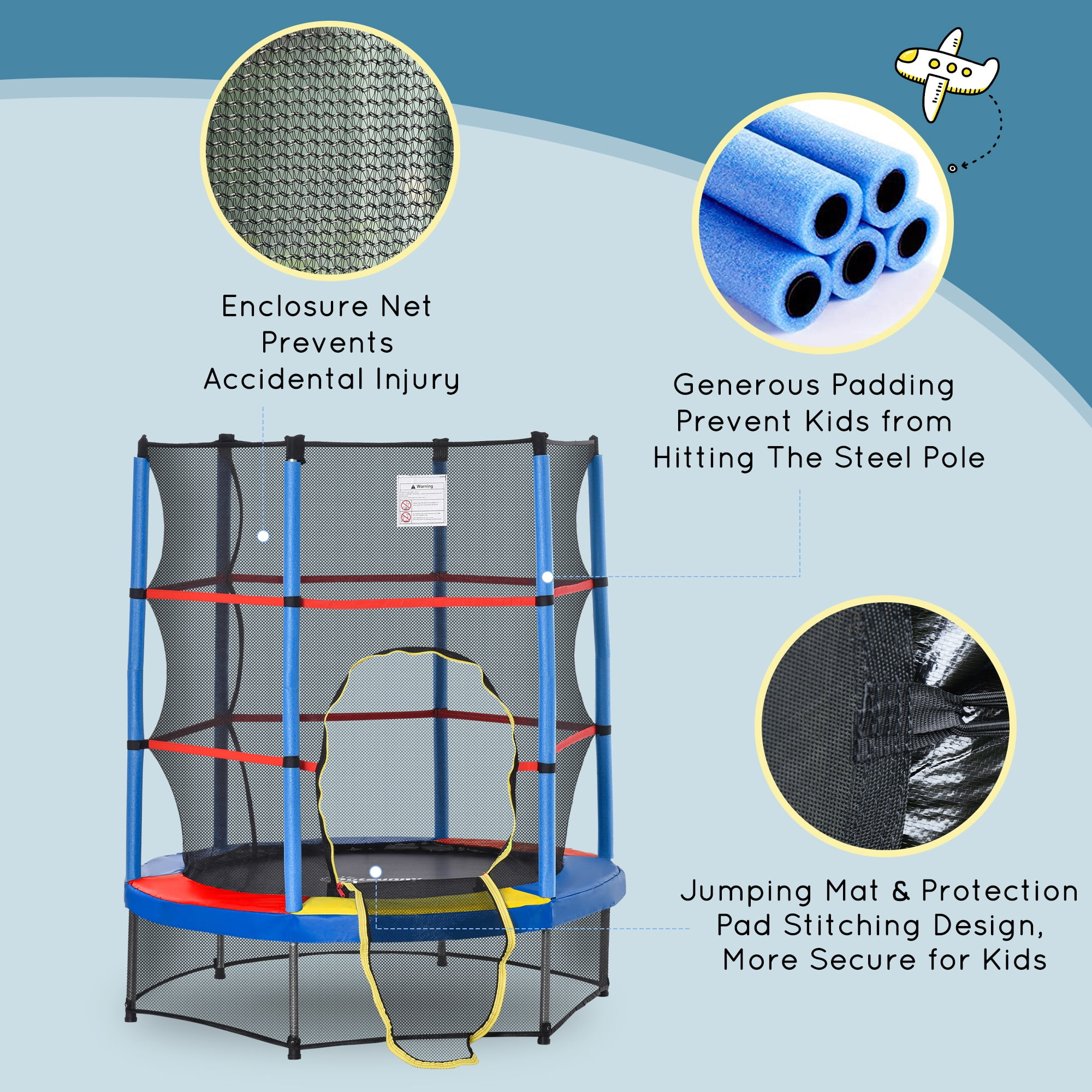 Outsunny 5FT Kids Trampoline with Enclosure Net, Springless, Safety Pad and Steel Frame for Indoor, Toddler Round Bouncer, Mixed Color