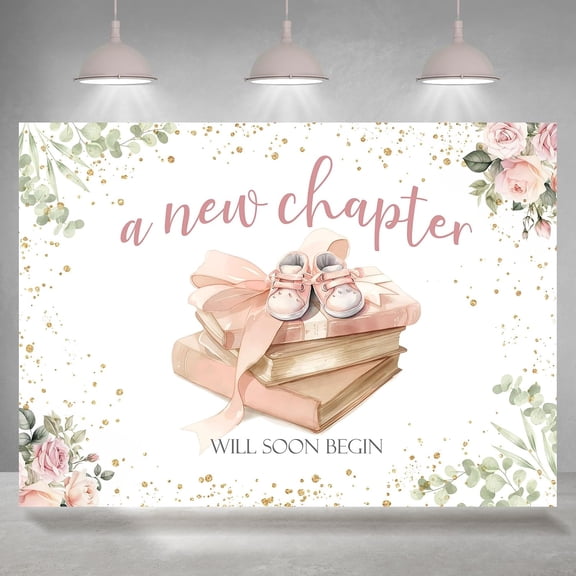 7x5FT Books Baby Shower Backdrop A New Chapter Will Soon Begin Background for Girls Floral Leaves Shoes Baby Shower Party Decorations Banner Supplies Photo Booth Props