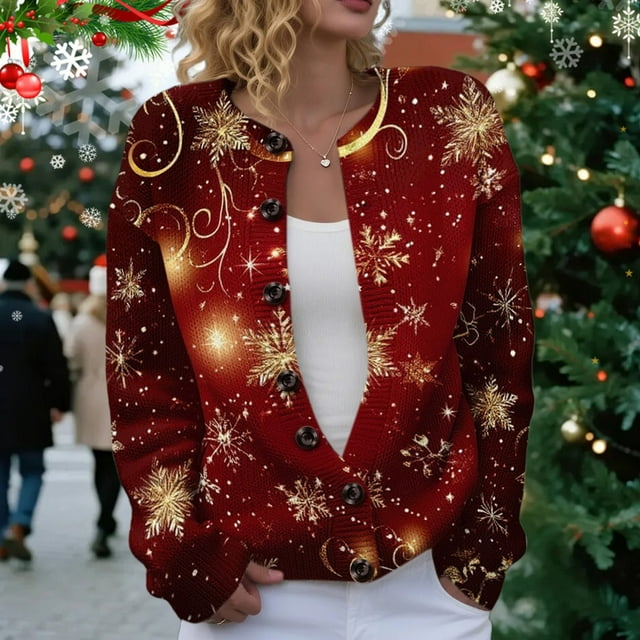 Winter Plus Size Fall Sweaters for Women Women Christmas 3d Snowflake Button Deer Plush Sweater Cardigan Features: Brick Red XXL