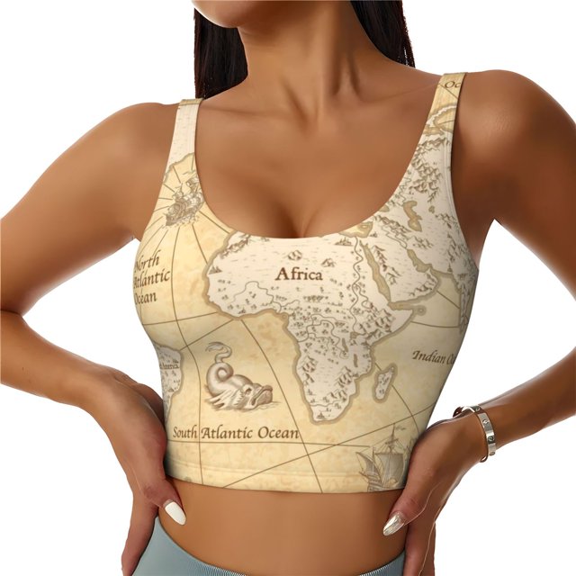 Fotbe World Map Sujetador Deportivo Largo sin Aros para Mujer con Almohadillas y Soporte Medio, Transpirable y Absorbente, Camiseta Tipo Chaleco o Tank Top-Medium