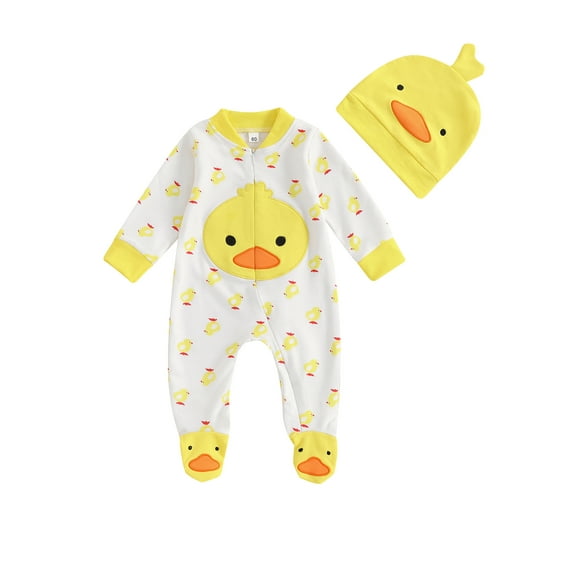 Gupgi 0-6M Newborn Boy Girl Duck Outfit, Baby Long Sleeve Full Length Footed Jumpsuit Duck Hat 2 Piece Fall Set