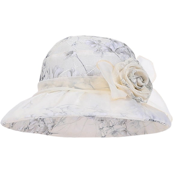 Vjnyvs French Style Bucket Hat with Flower Summer Bowler Hat Elegant Church Hat for Cocktail Wedding Party Travel and Holiday