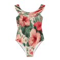 thumbnail image 3 of Girls Ruffle One Piece Swimsuit, Stretchy Fabric for Beach & Pool Activities Red Hibiscus Flowers, 3 of 8