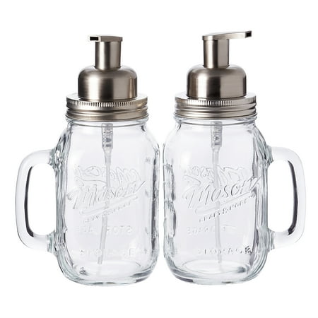 - Mason Craft and More, 24 Ounce Round Glass Jar with Handle and SS Foam Pump, Set of 2
