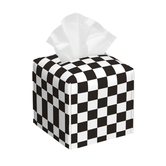Kdxio Black and White Checkerboard Print Tissue Box Cover,Square Decorative PU Leather Facial Paper Case Organizer Holder Dispenser for Bathroom,Night Stands,Desk,Car 5.2''X5.2''X5.2''