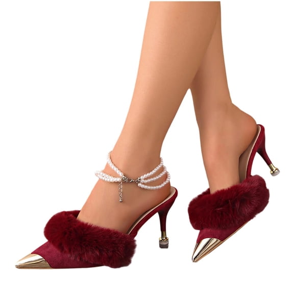 Purcolt Women's Closed Pointed Toe Sandals Elegant Fuzzy Stilettos Heels Comfort Slip on Pumps for Work Commute Daily Wear