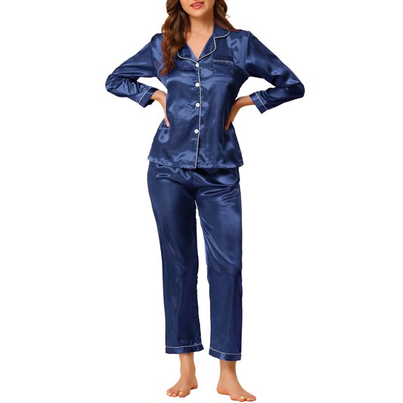 INSPIRE CHIC Women's Satin Lounge Set Long Sleeve Button Down Shirts with Pants Silky Pajamas XS Dark Blue