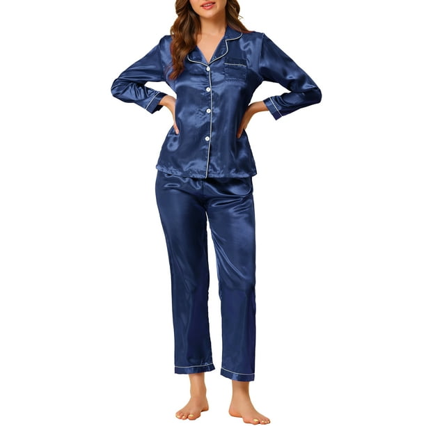 Conjunto de salón de satén para mujer INSPIRE CHIC, camisa de botón de manga larga con pantalones, pijamas de seda S azul oscuro