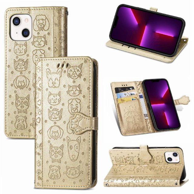 Funda Cartera FOXDOCK para iPhone 13 Mini , Flip PU con Relieve de Gatos y Perros, Tarjetero y Soporte